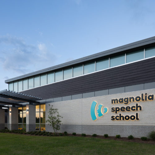 Magnolia Speech School exterior close-up photo of school signage.